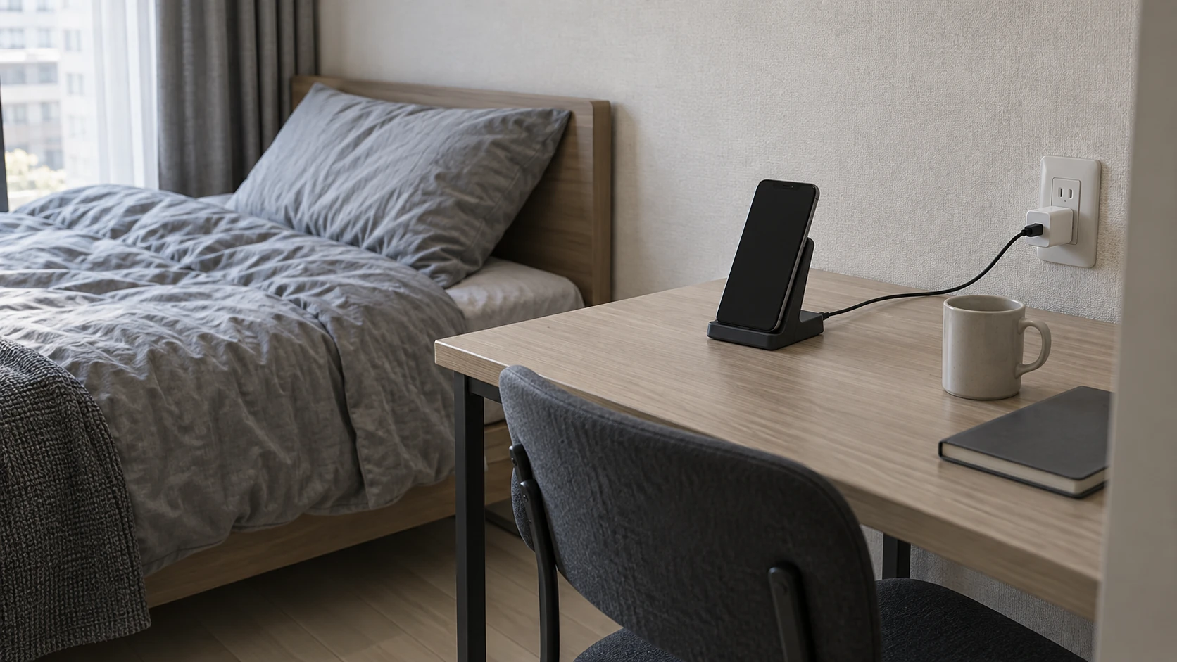 ベッド横の小さなデスクで、スマートフォンをスタンドに置いて充電している一人暮らしの部屋